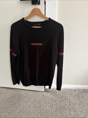 Men's Black Crewneck Sweater with Red & Green Stripe Detail